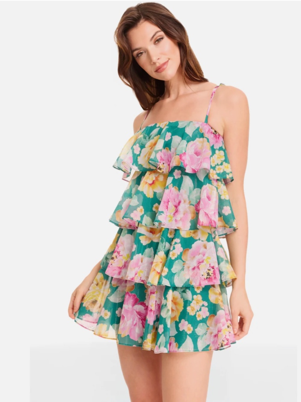 Dress The Population Pixie Green Pink Floral Tiered Ruffle Cocktail Mini Dress